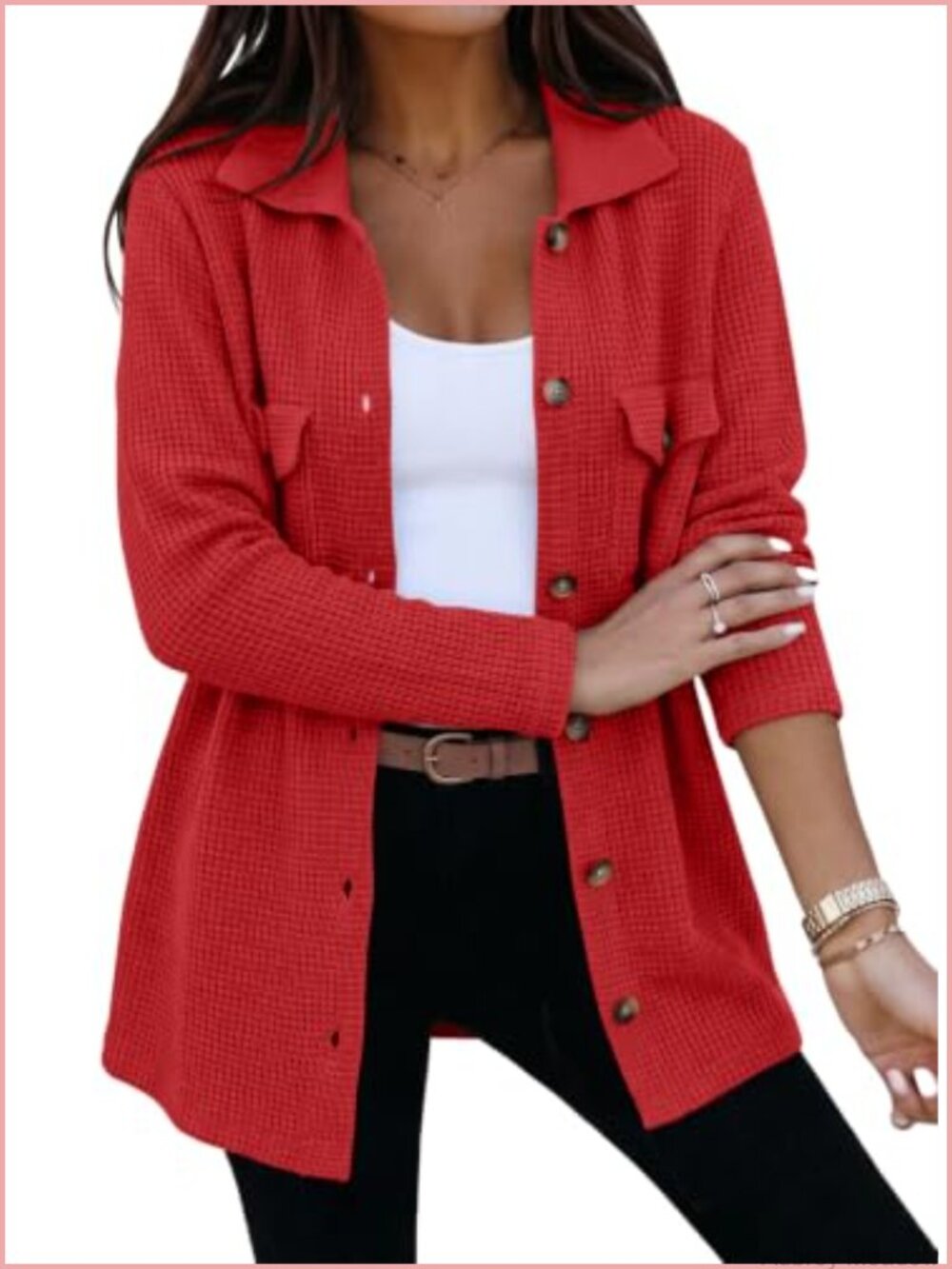 Waffle Knit Chunky Cardigan Shacket Button Down Oversized Sweater